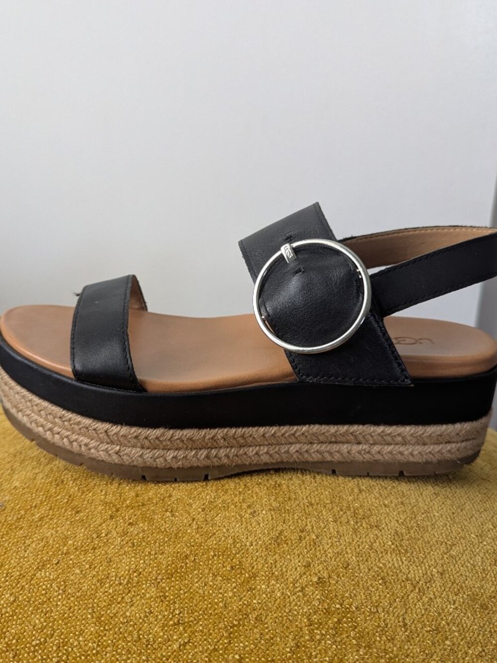 UGG April Black Leather Platform Espadrilles Sandals Size 8.5